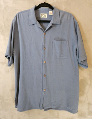 Vintage Silk Men's Woven Silk Grey Blue Short Sleeve Button-Up Shirt size L